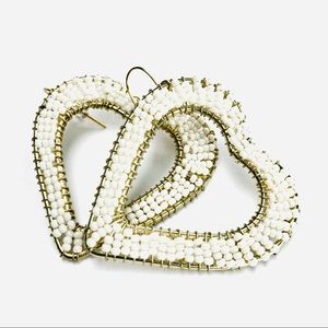 Beaded Heart Earrings | White Gold Tone | Statement Heart Drop Earrings